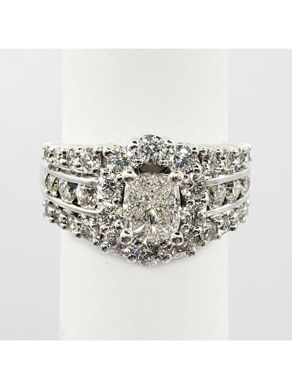 Pie-Cut Oval Center Diamond Halo 3-Row Ring 14k White Gold Size 6.75